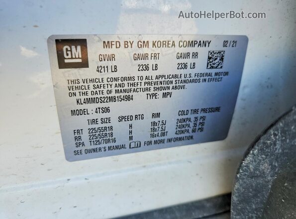 KL4MMDS22MB154984 2021 BUICK ENCORE White VIN sticker view