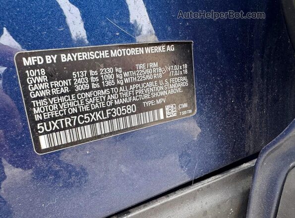 5UXTR7C5XKLF30580 2019 BMW X3 Blue Vista de los asientos traseros