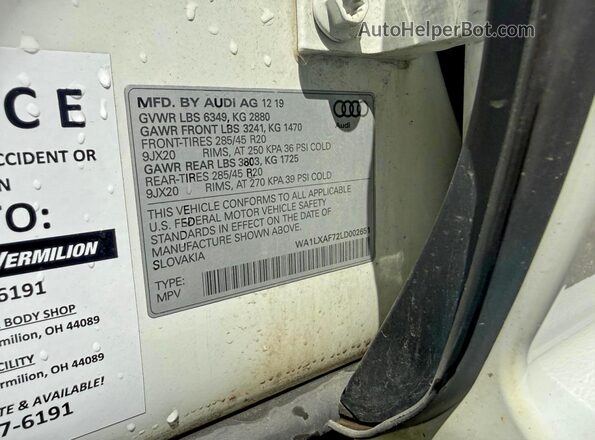 WA1LXAF72LD002651 2020 AUDI Q7 White VIN კოდის სტიკერის ხედი