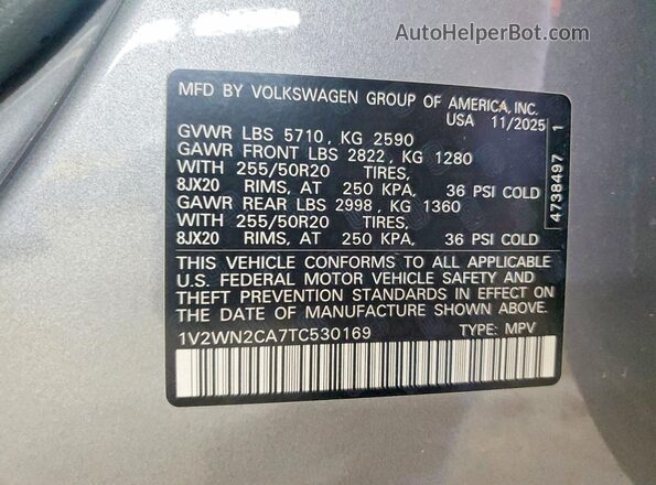 1V2WN2CA7TC530169 2026 VOLKSWAGEN ATLAS Gray VIN կոդի պիտակի տեսք