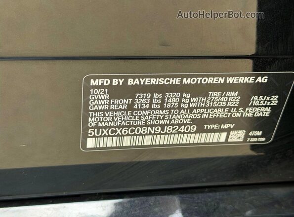 5UXCX6C08N9J82409 2022 BMW X7 Black 