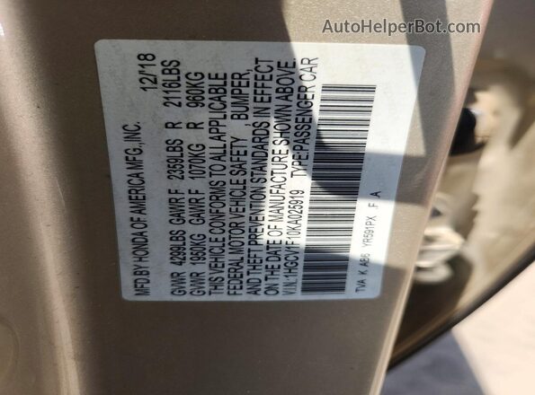 1HGCV1F10KA025919 2019 HONDA ACCORD Желто-коричневый Вид наклейки с VIN-кодом