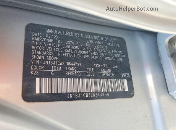 JN1BJ1CW3LW644799 2020 NISSAN ROGUE Silver VIN კოდის სტიკერის ხედი