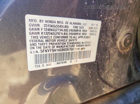 5FNYF5H14GB026768 2016 HONDA PILOT Серый Вид наклейки с VIN-кодом
