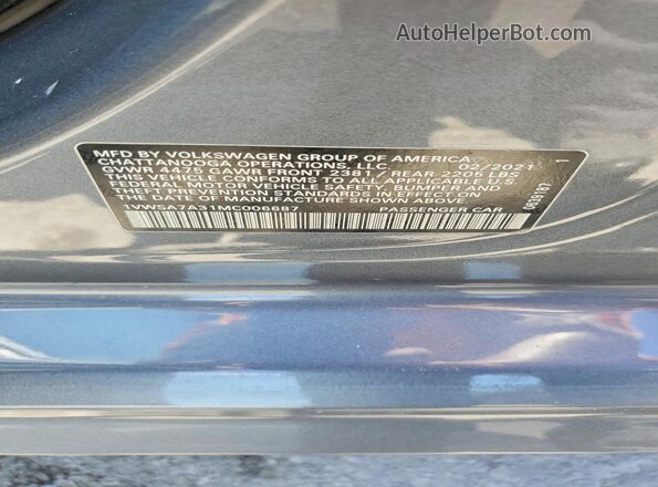 1VWSA7A31MC006687 2021 VOLKSWAGEN PASSAT Gray 