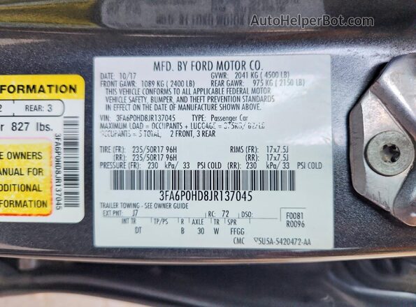 3FA6P0HD8JR137045 2018 FORD FUSION Gray VIN კოდის სტიკერის ხედი