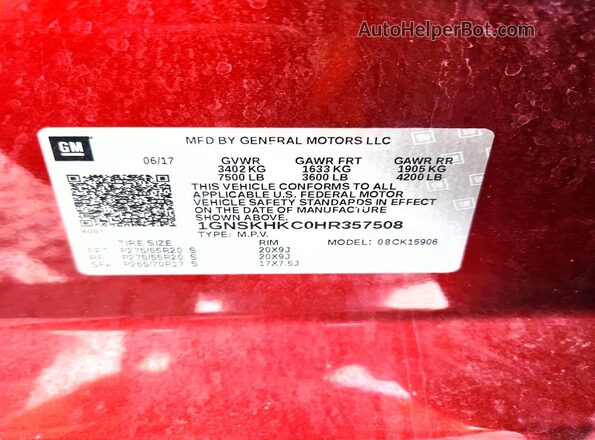 1GNSKHKC0HR357508 2017 CHEVROLET SUBURBAN Burgundy 