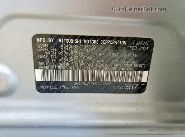JA4ARUAU9MU022686 2021 MITSUBISHI OUTLANDER Silver 