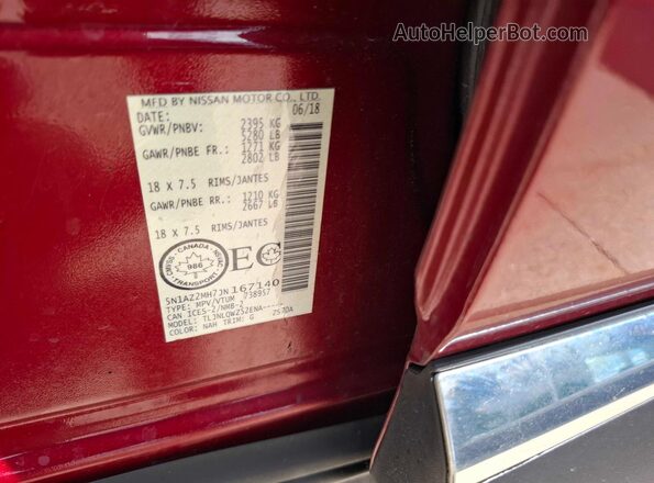 5N1AZ2MH7JN167140 2018 NISSAN MURANO Red Սալոնի հետևի տեսք