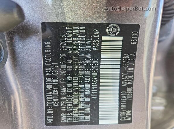 4T1T11AK4NU625996 2022 TOYOTA CAMRY Gray VIN კოდის სტიკერის ხედი