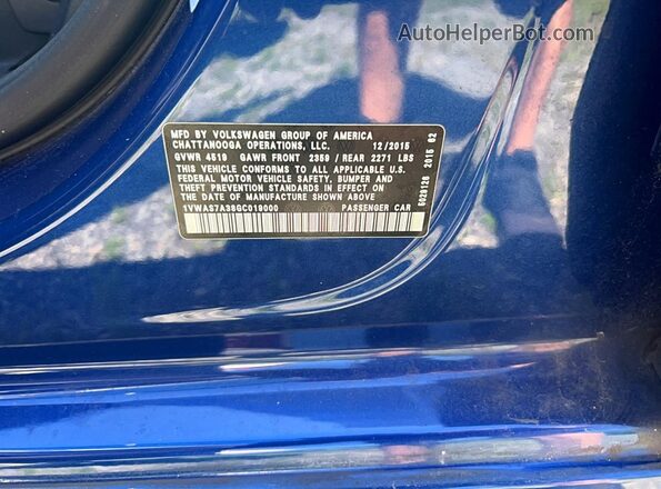 1VWAS7A38GC019000 2016 VOLKSWAGEN PASSAT Blue 