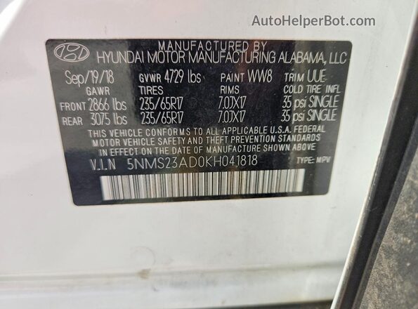 5NMS23AD0KH041818 2019 HYUNDAI SANTA White Widok wnętrza 360 stopni