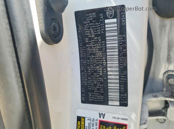 4T1AA1AB4NU014048 2022 TOYOTA AVALON White Vista de la etiqueta del VIN