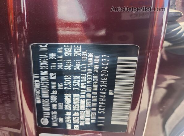 5XYPH4A53HG204077 2017 KIA SORENTO Maroon Widok naklejki z numerem VIN