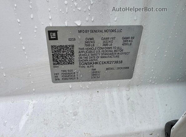1GNSKHKC1KR273818 2019 CHEVROLET SUBURBAN White 