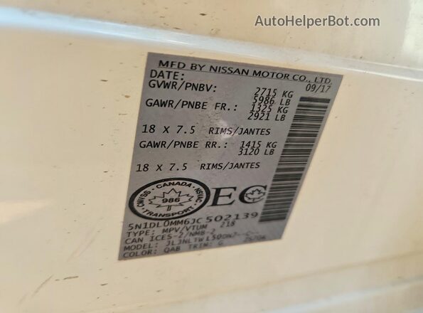 5N1DL0MM6JC502139 2018 INFINITI QX60 Белый Вид наклейки с VIN-кодом