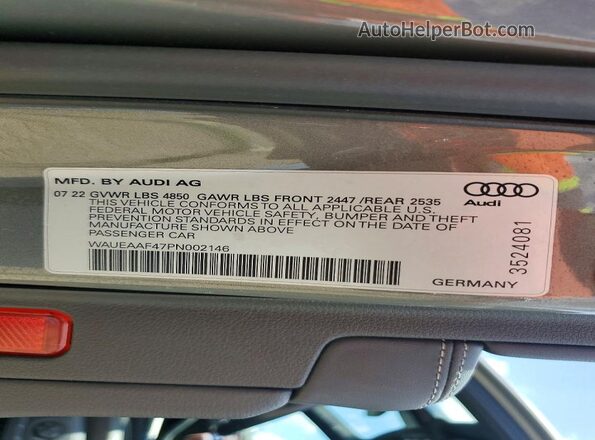 WAUEAAF47PN002146 2023 AUDI OTHER Gray VIN կոդի պիտակի տեսք