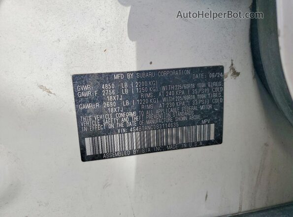 4S4BTANC0S3114635 2025 SUBARU OUTBACK White Панорамний вид салону 360°
