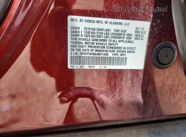 5FNYF5H58JB011426 2018 HONDA PILOT Maroon Vista interior de 360 grados