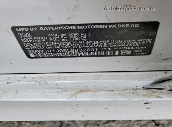 3MW5R1J05L8B32601 2020 BMW 3 SERIES White Widok naklejki z numerem VIN