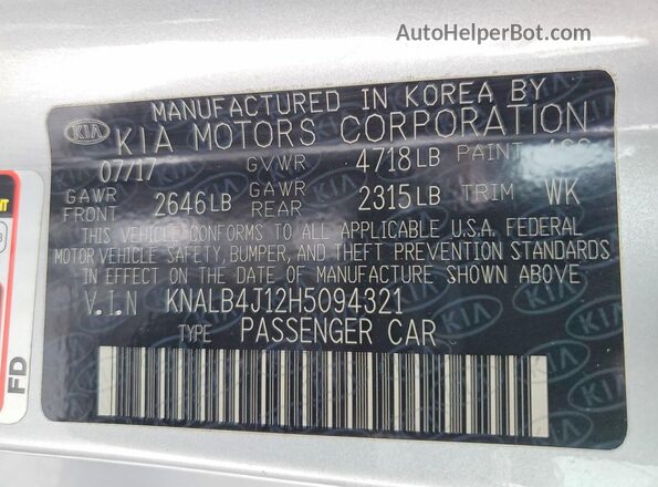 KNALB4J12H5094321 2017 KIA CADENZA Silver Vista de la etiqueta del VIN