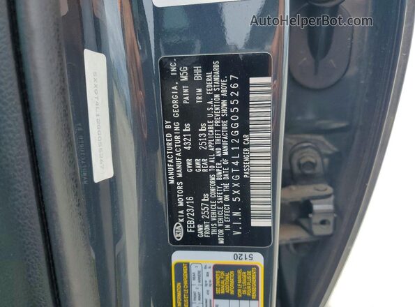 5XXGT4L12GG055267 2016 KIA OPTIMA Gray Vista de la etiqueta del VIN