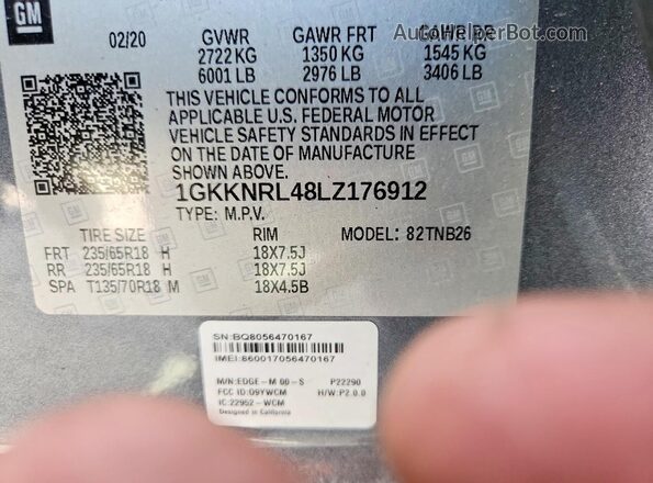 1GKKNRL48LZ176912 2020 GMC ACADIA Gray Вид наклейки з VIN-кодом