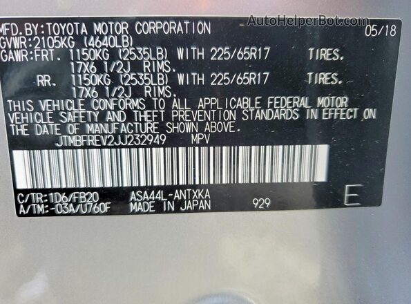 JTMBFREV2JJ232949 2018 TOYOTA RAV4 Silver 