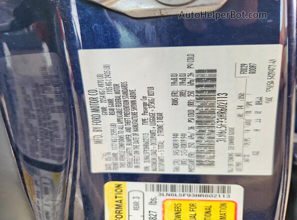 3LN6L5F93HR602113 2017 LINCOLN MKZ Blue VIN sticker view