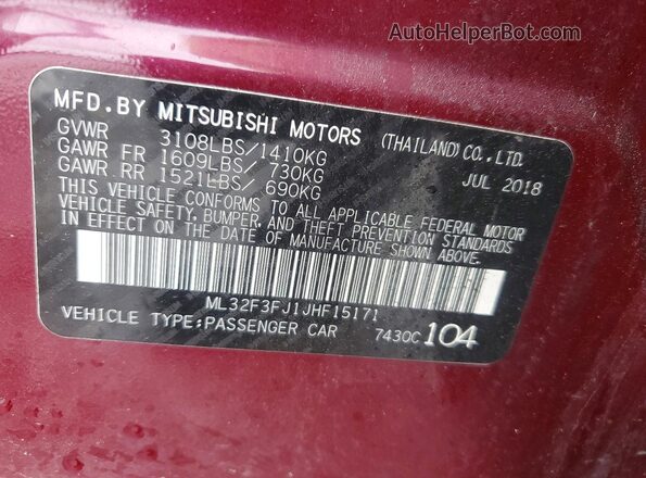 ML32F3FJ1JHF15171 2018 MITSUBISHI MIRAGE Maroon Вид наклейки з VIN-кодом