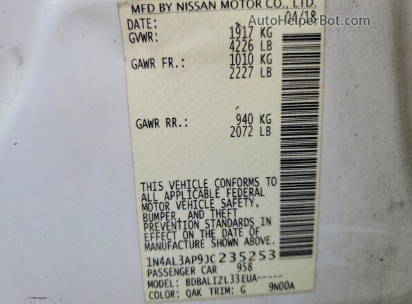 1N4AL3AP9JC235253 2018 NISSAN ALTIMA White VIN კოდის სტიკერის ხედი