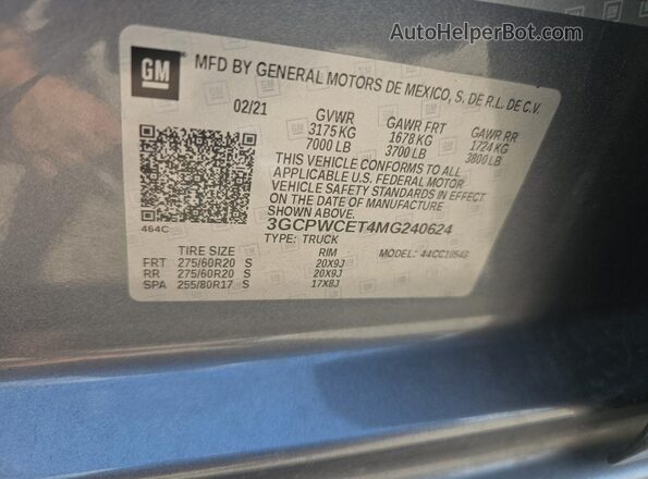 3GCPWCET4MG240624 2021 CHEVROLET SILVERADO Gray 