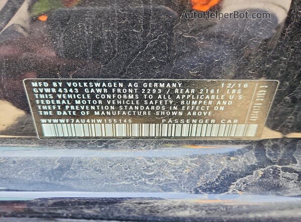 WVWWF7AU4HW155145 2017 VOLKSWAGEN GOLF Black Vista de la etiqueta del VIN