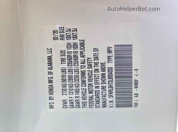 5FNRL6H73LB054353 2020 HONDA ODYSSEY White Widok wnętrza 360 stopni