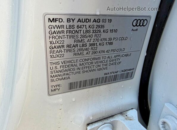 WA1FVAF12KD034643 2019 AUDI Q8 White Սալոնի հետևի տեսք