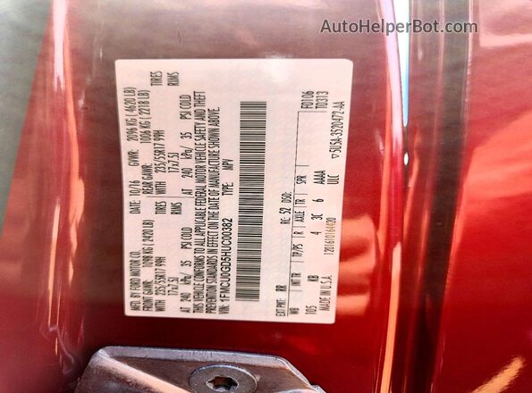 1FMCU0GD5HUC00382 2017 FORD ESCAPE Red VIN კოდის სტიკერის ხედი