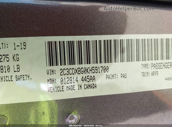 2C3CDXBG0KH591700 2019 DODGE CHARGER Black 