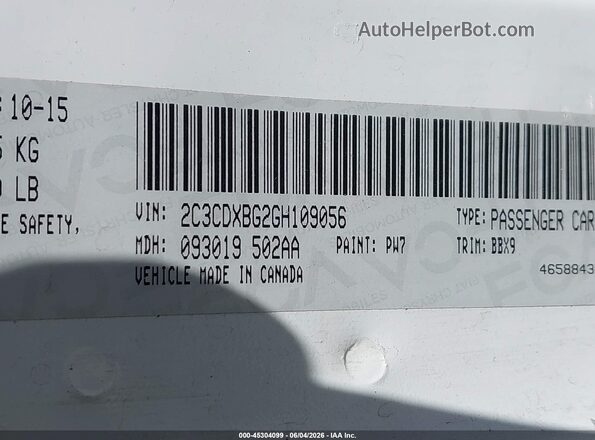 2C3CDXBG2GH109056 2016 DODGE CHARGER White Engine compartment view