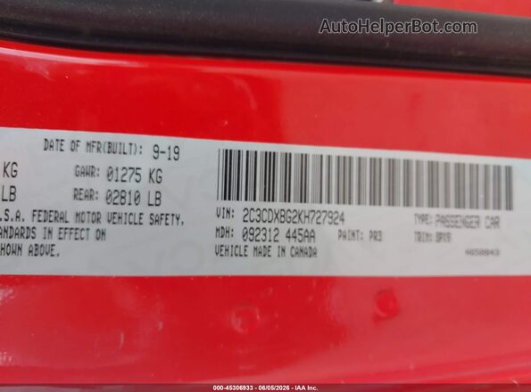 2C3CDXBG2KH727924 2019 DODGE CHARGER Red Вид наклейки з VIN-кодом