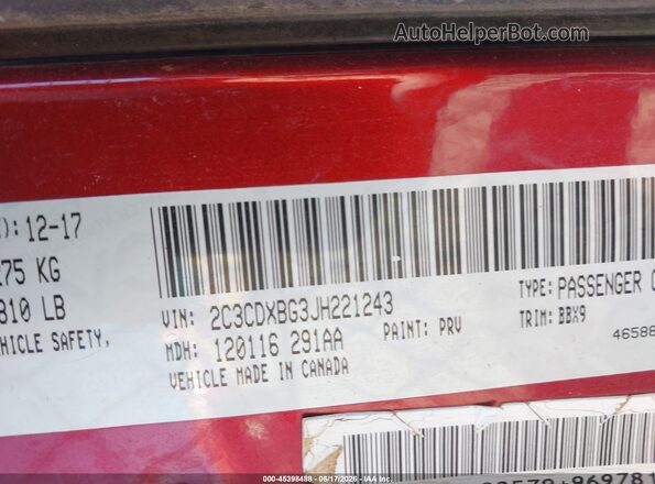 2C3CDXBG3JH221243 2018 DODGE CHARGER Red ძრავის განყოფილების ხედი