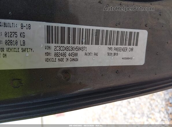 2C3CDXBG3KH504971 2019 DODGE CHARGER Gray ძრავის განყოფილების ხედი