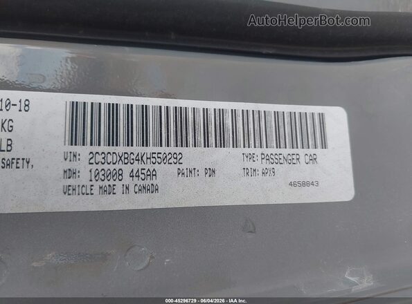 2C3CDXBG4KH550292 2019 DODGE CHARGER Gray Widok komory silnika