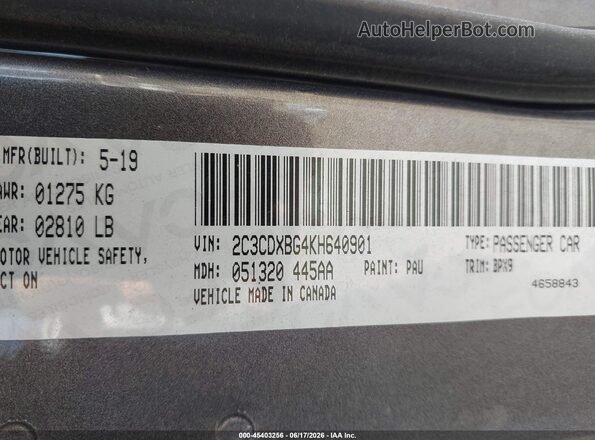 2C3CDXBG4KH640901 2019 DODGE CHARGER Gray Շարժիչի բաժամունքի տեսք