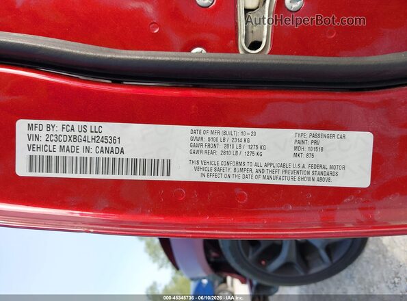 2C3CDXBG4LH245361 2020 DODGE CHARGER Maroon Вид підкапотного простору
