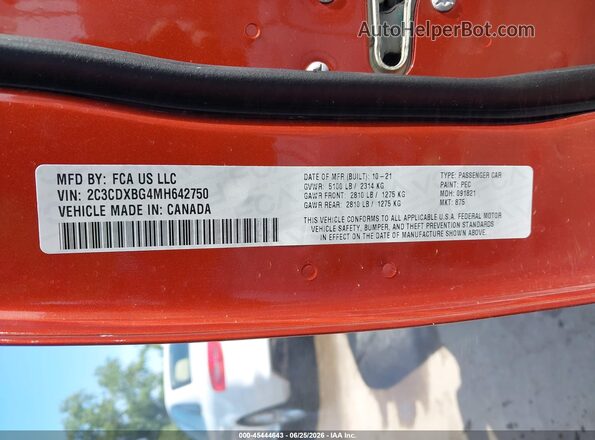2C3CDXBG4MH642750 2021 DODGE CHARGER Orange Vista del compartimento del motor