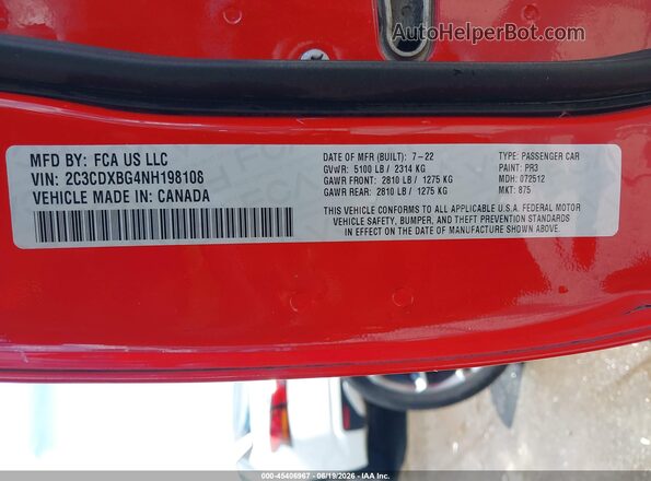 2C3CDXBG4NH198108 2022 DODGE CHARGER Red Vista del compartimento del motor