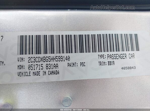 2C3CDXBG5HH599140 2017 DODGE CHARGER Silver Vista del compartimento del motor