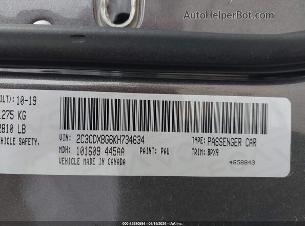 2C3CDXBG6KH734634 2019 DODGE CHARGER Серый Вид подкапотного пространства