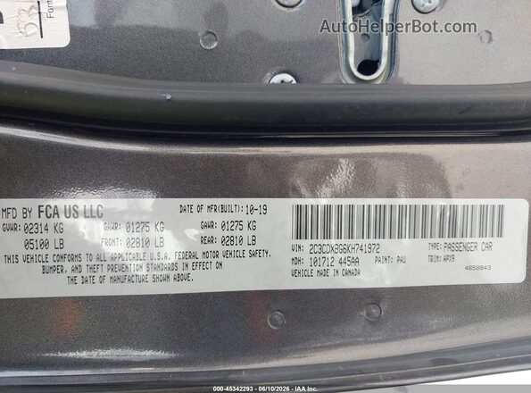 2C3CDXBG6KH741972 2019 DODGE CHARGER Gray Вид підкапотного простору