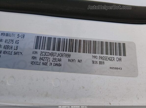2C3CDXBG7JH307090 2018 DODGE CHARGER White Вид підкапотного простору